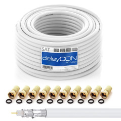 deleyCON 20m HQ Câble Coaxial Satellite SAT 130dB Blindé 4 Couches DVB-S DVB-S2 DVB-T DVB-C 4K 1080p FULL HD HDTV + 10 Connecteu