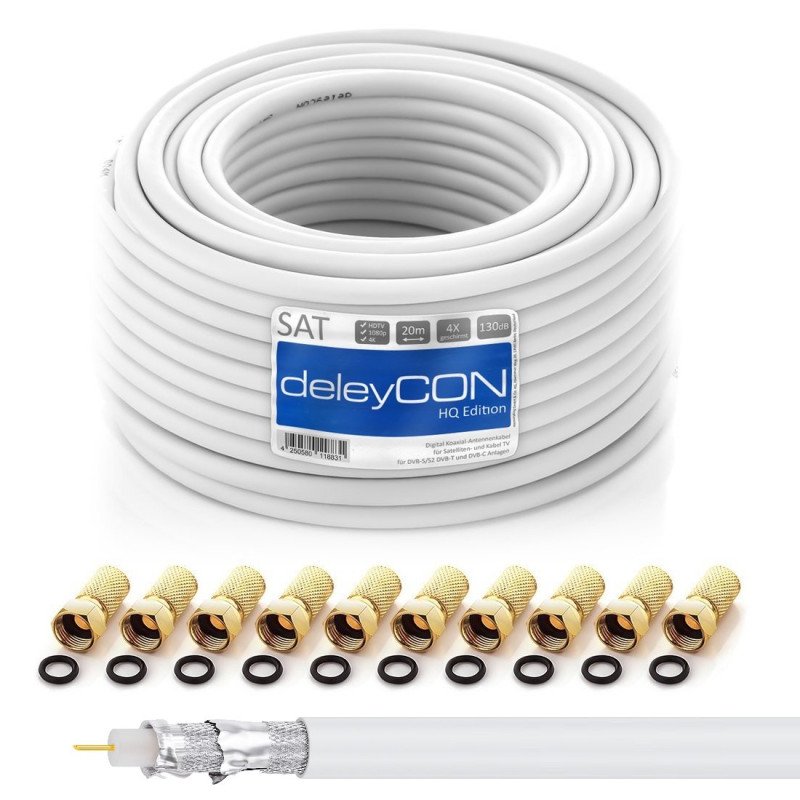 deleyCON 20m HQ Câble Coaxial Satellite SAT 130dB Blindé 4 Couches DVB-S DVB-S2 DVB-T DVB-C 4K 1080p FULL HD HDTV + 10 Connecteu deleyCON 20m HQ Câble Coaxial Satellite SAT 130dB Blindé 4 Couches DVB-S DVB-S2 DVB-T DVB-C 4K 1080p FULL HD HDTV + 10 Connecteu