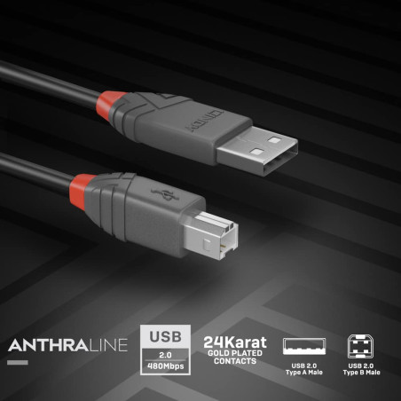 LINDY - Câble USB vers USB 2.0 A/B, Anthra Line 7.5 Mètre, Câble avec Transfert de Données de 480Mbps| Compatible avec TV, Monit