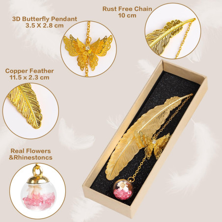DERAYEE 2pcs Marque-Page Feuille en Métal Papillon et Fleur Sèche Éternelle Perles de Verre Pendentif Cadeau pour Étudiant Lecte