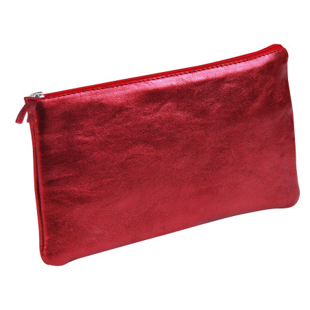 Clairefontaine 8714C - Trousse Scolaire Plate Rouge Effet irisé 22x11 cm en Véritable Cuir d'Agneau - Fourniture Scolaire - Trou