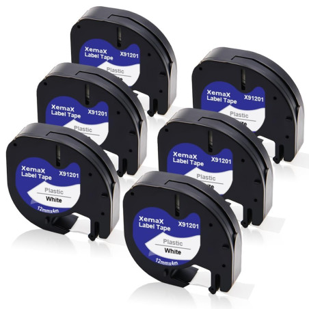 6x XemaX Ruban Compatible pour Letra Ruban Étiquette 91201 91221 S0721660 S0721660 D'étiquetage 12mm x 4m Noir sur Blanc Bande A