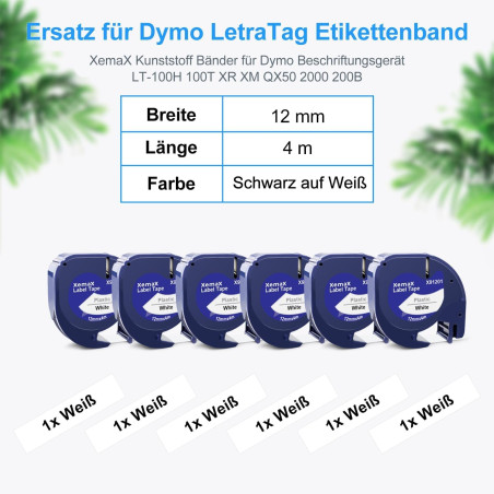 6x XemaX Ruban Compatible pour Letra Ruban Étiquette 91201 91221 S0721660 S0721660 D'étiquetage 12mm x 4m Noir sur Blanc Bande A