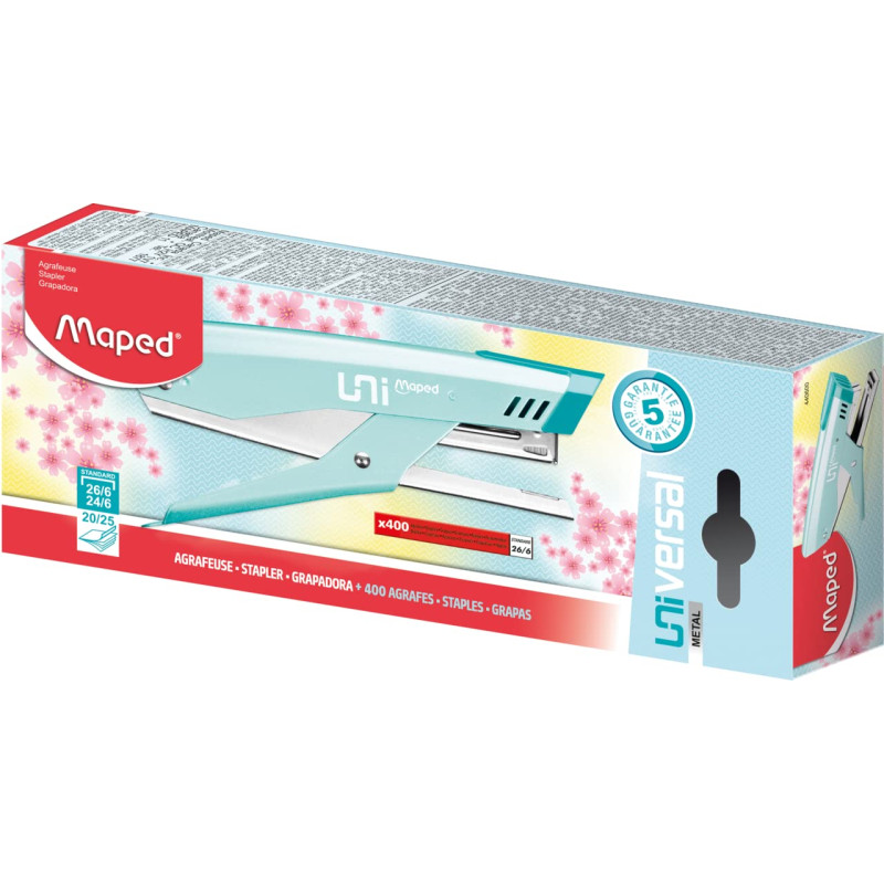 Maped - Pince Agrafeuse Métal Universal - Compatible Agrafes N°24/6 et 26/6 - Capacité 20 à 25 Feuilles - Avec 400 Agrafes 26/6 Maped - Pince Agrafeuse Métal Universal - Compatible Agrafes N°24/6 et 26/6 - Capacité 20 à 25 Feuilles - Avec 400 Agrafes 26/6