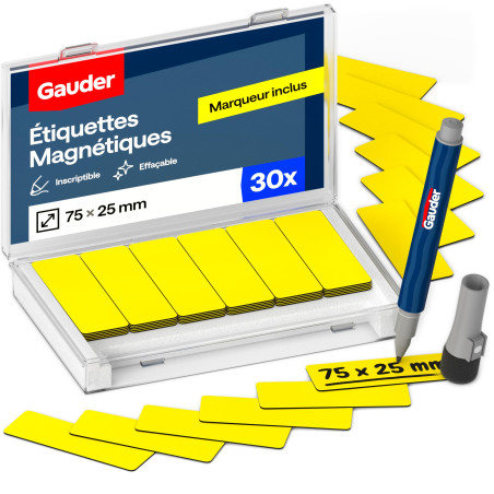 GAUDER Étiquettes Magnétiques Inscriptibles | (75 x 25 mm) Cartes Magnétiques Effaçables | Pour Tableaux Kanban et Blanc