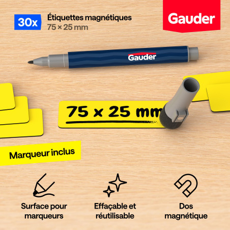 GAUDER Étiquettes Magnétiques Inscriptibles | (75 x 25 mm) Cartes Magnétiques Effaçables | Pour Tableaux Kanban et Blanc