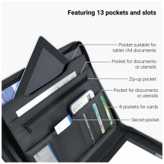 DESQ Porte-document de conférencé A4 3681 - Avec classeur à anneaux de 25 mm, Fermeture éclair, 5 pochettes, 8 fentes, Espace de