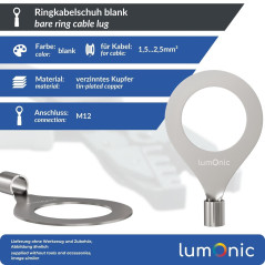 Lumonic 25x cosses à sertir nues 1,5-2,5mm² I cosses à sertir M12 non isolées I cosses M12, cosse tubulaire 1,5mm2 2,5mm2 œillet