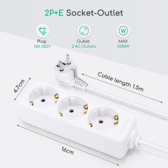 Aigostar Rallonge 3 Prises avec câble de 1,5 m, Blanc