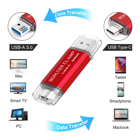 Clé USB 128 Go, Dual Port OTG USB 3.0 Mémoire Stick Aves Type C Port, U Disque Compatible pour Smartphone Android, Tablette et O