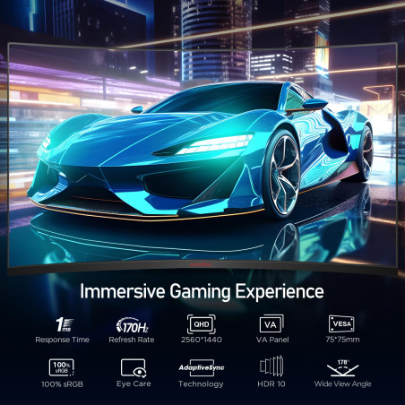 KOORUI Écran PC Gaming Incurvé 31,5 Pouces, Ultrawide QHD(2560 * 1440), 1500R, UltraLarge, VA, 170Hz, 2xHDMI (170HZ Or 144HZ), D