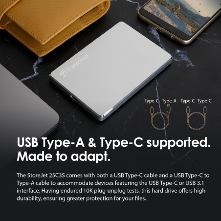 Transcend StoreJet 25C3S Disque dur portable 2TB USB Type-C 3.1 Gen 1 Argent - TS2TSJ25C3S