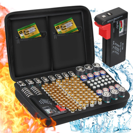 Boîte de Rangement Batterie, ENSOBO Organisateur de Stockage avec Capacité pour 148 Piles AA AAA C D 9V - Testeur de Batterie BT