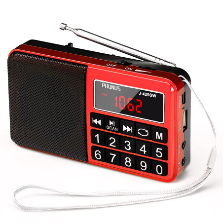 PRUNUS J-429 Petite Radio Portable Rechargeable avec Haut-parleur FM/AM(MW)/SW/USB/Micro-SD/MP3. Mini Radio fm portable avec Gro