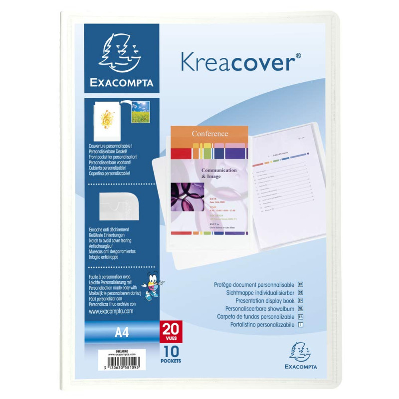 Exacompta - Réf. 58109E - 1 Protège-documents personnalisable Kreacover Chromaline - 10 pochettes cristal lisse - 20 vues - pour Exacompta - Réf. 58109E - 1 Protège-documents personnalisable Kreacover Chromaline - 10 pochettes cristal lisse - 20 vues - pour