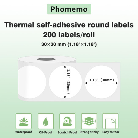 Phomemo Lot de 200 étiquettes rondes autocollantes multi-usages pour imprimante d'étiquettes Phomemo M110 M200 M120 M220 M220 M2