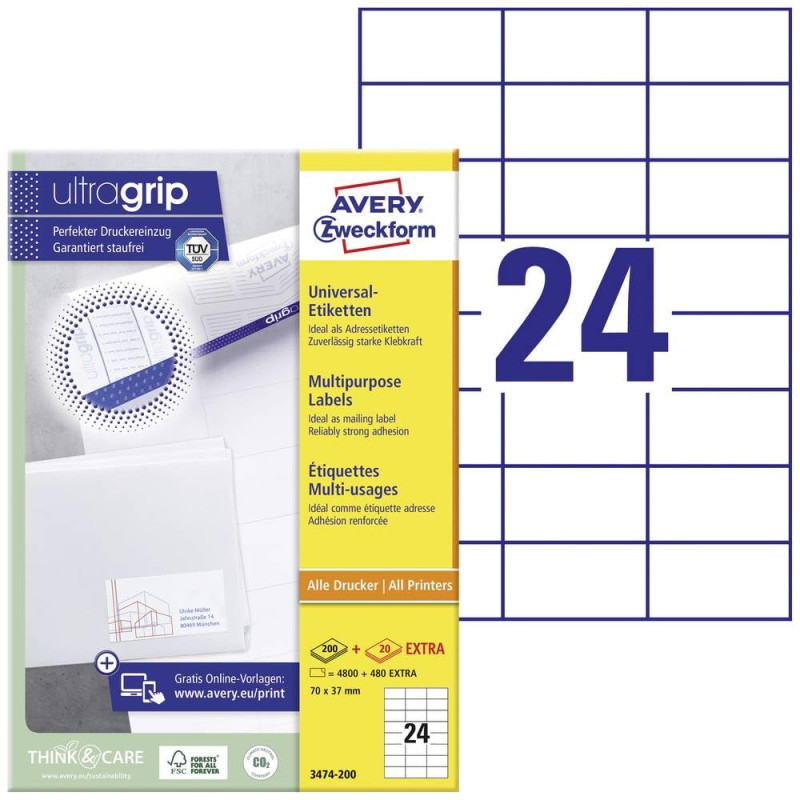 Avery 4800 Etiquettes Autocollantes Multi-usages (24 par Feuille) - 70x37mm - Impression Laser - Jet d'Encre - Blanc (3474)