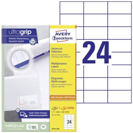 Avery 4800 Etiquettes Autocollantes Multi-usages (24 par Feuille) - 70x37mm - Impression Laser - Jet d'Encre - Blanc (3474)