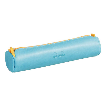 RHODIA 318897C - Trousse Ronde Turquoise - 21,5 x 5,5 cm - Coutures Véritables Orange - Intérieur Jersey Ivoire - Simili Cuir -