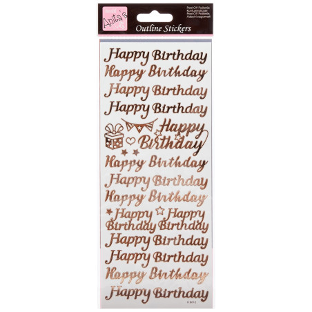 Autocollants de Contour - Joyeux Anniversaire - Or Rose sur Blanc