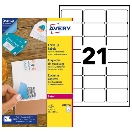AVERY - 525 Étiquettes de Masquage ou Correction Blanches Personnalisables - Format 63,5 x 38,1 mm - Impression Laser et Jet d’E