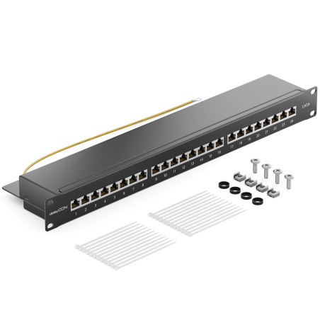 deleyCON CAT6 Panneau de Brassage 24 Port Bureau 19 Pouces Le Montage en Rack Assemblage du Serveur 24x RJ45 Blindé TIA568A TIA5