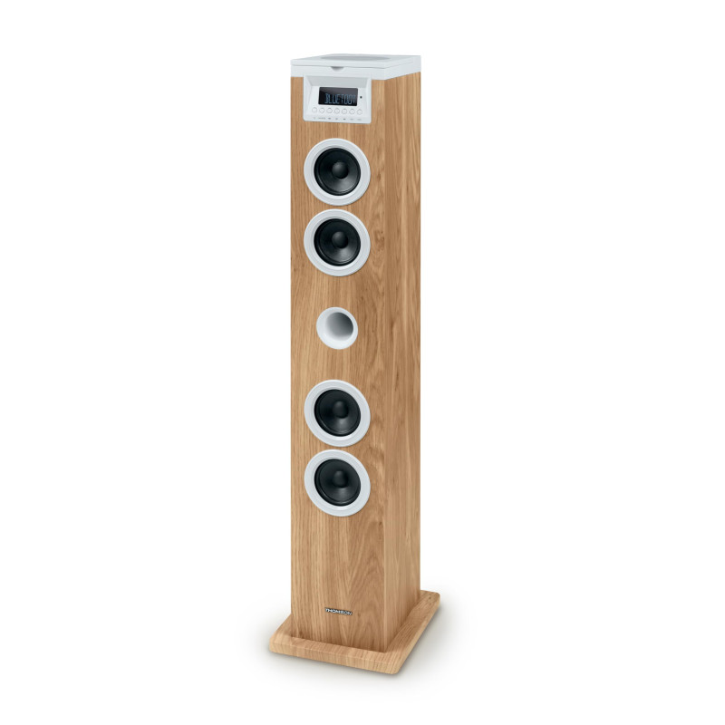 THOMSON Tour de Son Bluetooth avec Lecteur CD, Enceinte Colonne Hifi 60W, Radio FM, Port Aux et USB, MP3 et Affichage LED - Blan