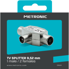 Metronic Répartiteur TV, séparateur coaxial en T, DVB-T2, diviseur antenne TV, blindé, métallique 1 entrée mâle - 2 sorties feme