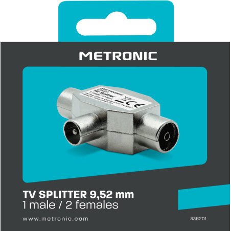 Metronic Répartiteur TV, séparateur coaxial en T, DVB-T2, diviseur antenne TV, blindé, métallique 1 entrée mâle - 2 sorties feme