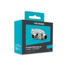 Metronic Répartiteur TV, séparateur coaxial en T, DVB-T2, diviseur antenne TV, blindé, métallique 1 entrée mâle - 2 sorties feme