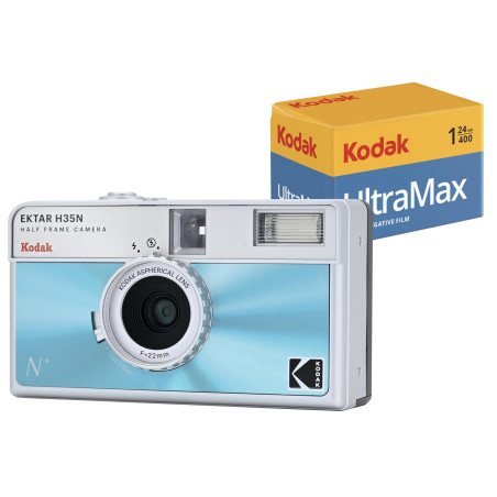 Kodak EKTAR H35N - Pack Appareil Photo Demi-Cadre avec Film Kodak Ultramax 400/24EXP 35 mm (Bleu émaillé)
