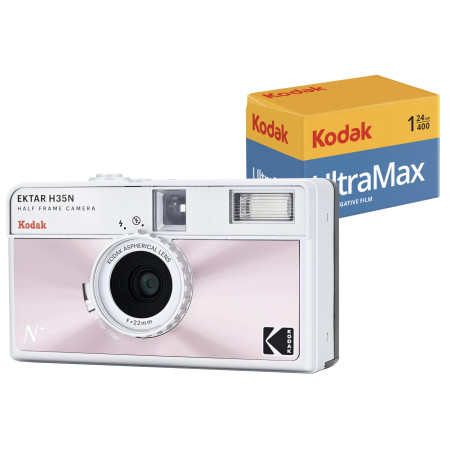 Kodak EKTAR H35N Pack Appareil Photo Demi-Cadre avec Film Kodak Ultramax 400/24EXP 35 mm (Rose émaillé)