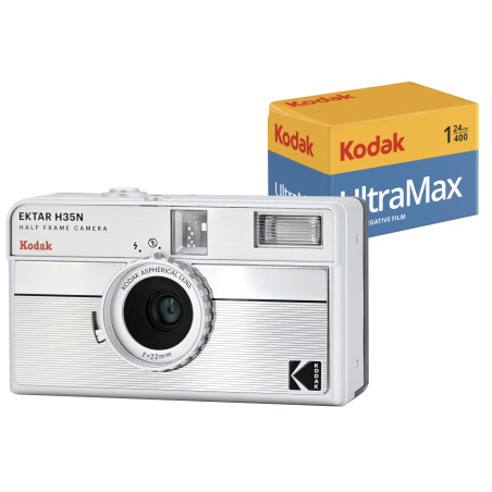 Kodak EKTAR H35N - Pack Appareil Photo Demi-Cadre avec Film Kodak Ultramax 400/24EXP 35 mm (Rayures argentées)