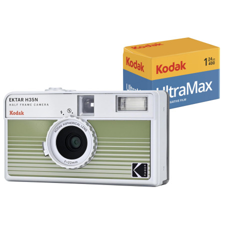 Kodak EKTAR H35N Pack Appareil Photo Demi-Cadre avec Film Kodak Ultramax 400/24EXP 35 mm (Rayures Vertes)