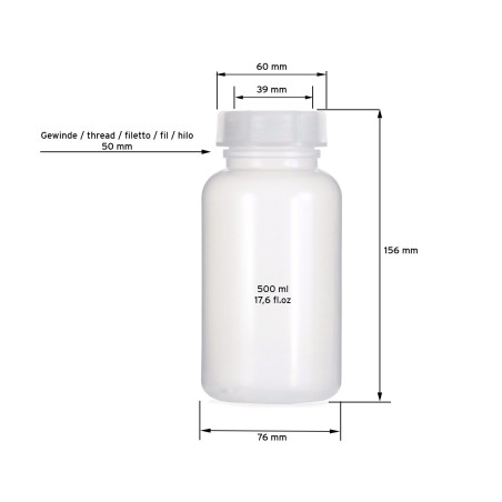 1 flacons à col large de 500 ml en PEPD avec fermeture à vis, flacons à produits chimiques vides, bidons de laboratoire avec cou