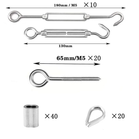 TooTaci Lot de 10 Tendeur M5 crochet & œil Robustes en Acier Inoxydable 304, M5 Crochets à Vis à Oeillet, M2 Manchons & M2 Cosse